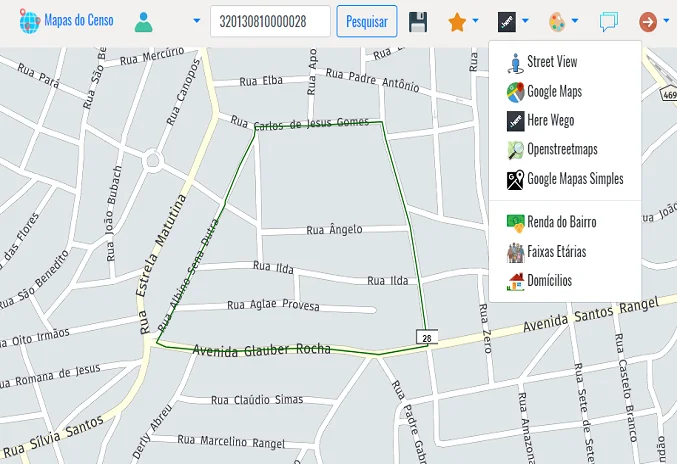 Mapa com setor censitário destacado